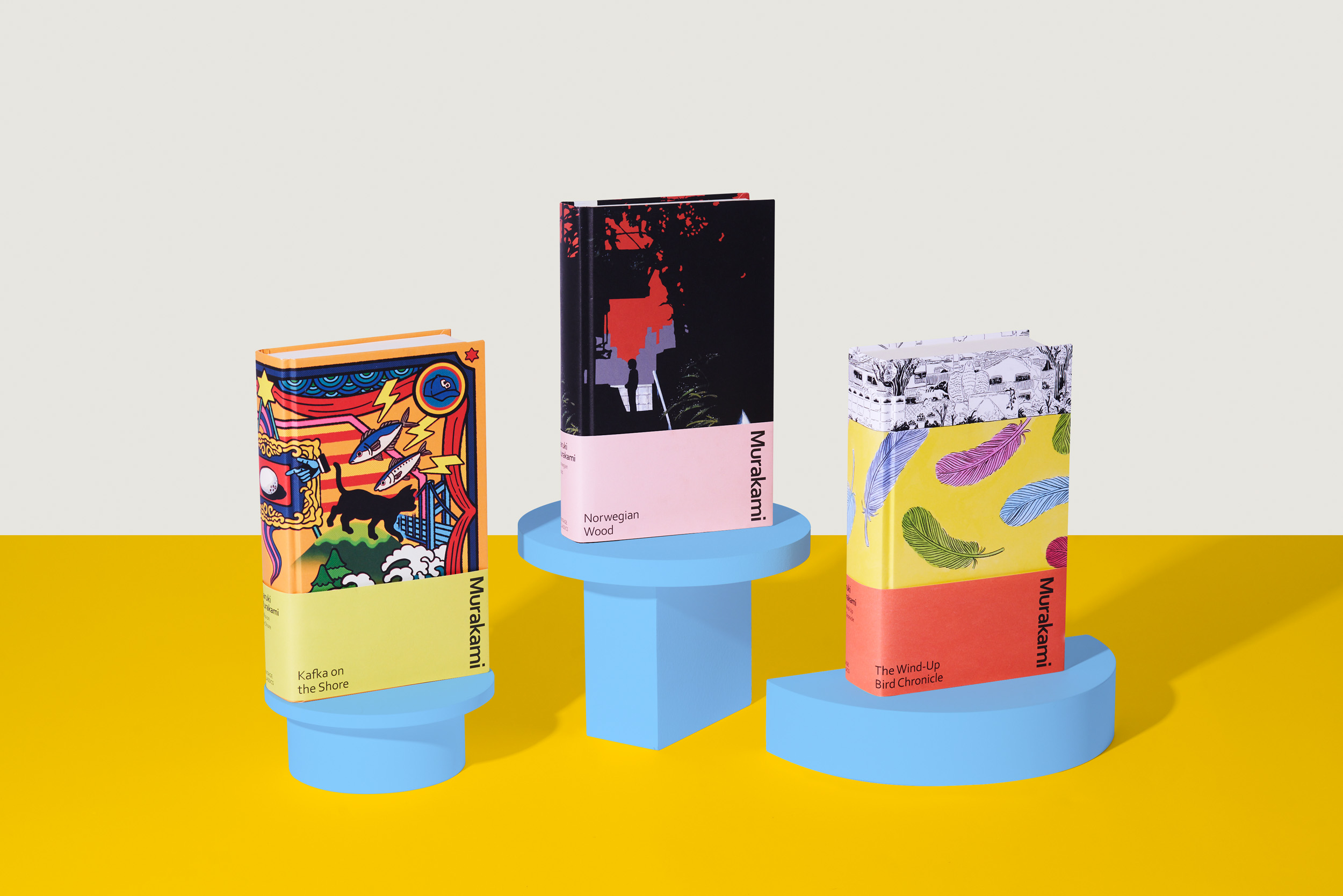 Photo of the Haruki Murakami gift bundle available on the Penguin Shop. The books included in this bundle are Kafka on the Shore designed by Kyoko Nakamura, Norwegian Wood designed by Takeshi Miyasaka and The Wind-Up Bird Chronicle designed by Heisuke Kitazawa